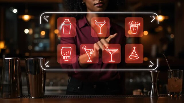 A Black woman bartender utilizes innovative augmented reality technology to interact with a holographic cocktail menu, symbolizing the future of mixology at a modern bar counter.