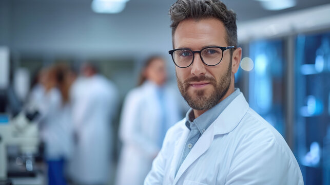 Confident scientist in lab coat with glasses. Modern laboratory with scientific equipment in background.