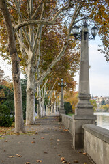 A Kura riverside walkway shows old sycamores with lamps on stone posts in Tbilisi, Georgia.