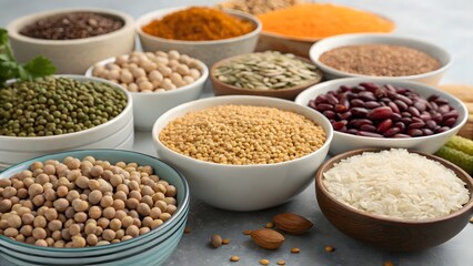 A Variety of High-Fiber Foods in Bowls, Healthy Legumes and Grains for a Balanced Diet, Nutrient-Rich Whole Foods Beans, Lentils, and Grains, A Colorful and Healthy Array of Plant-Based Foods