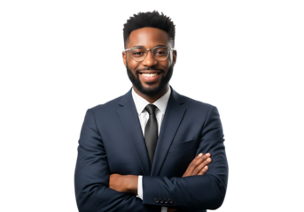 Smiling african american businessman in a suit with arms crossed standing on transparent background
