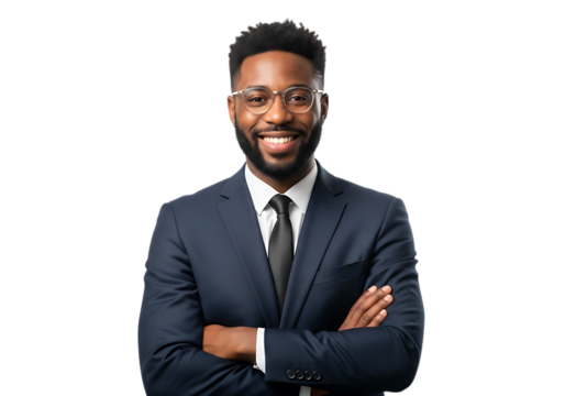 Smiling african american businessman in a suit with arms crossed standing on transparent background