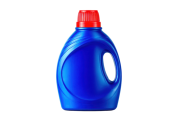 Bright blue laundry detergent bottle with red cap on a plain background for home cleaning chores