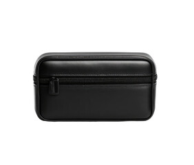 A black leather pouch with a zipper closure.  Compact, rectangular shape