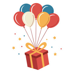 A red gift box tied with a gold ribbon floats with colorful balloons