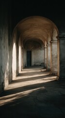 Fototapeta premium Sunlit stone hallway in an abandoned building. Archways, columns, and textured walls create a mysterious atmosphere.