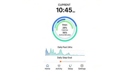 A fitness tracker app interface displaying current time and daily activity progress details on a mobile screen