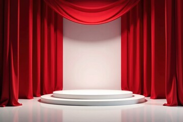 Empty stage set, rich red curtains, pristine white pedestals stand ready , smooth, dramatic