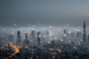 A cityscape with a network of lights and a cloudy sky