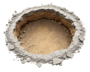 A circular hole in the ground with broken concrete edges and a sandy bottom isolated on white background