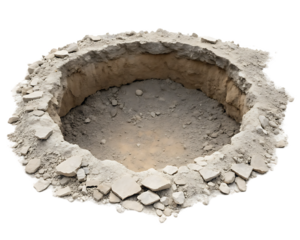 Isolated image showing a circular hole in the ground surrounded by dirt and broken pieces of concrete