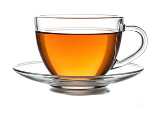 A clear glass teacup filled with amber liquid sitting on a matching clear glass saucer on black background