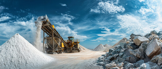 Gravel production process showcasing stone crusher and marble powder under an expansive blue sky