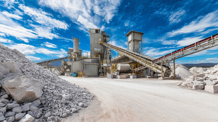 Fototapeta premium Industrial stone crushing plant with machines producing white sand against a vibrant blue sky