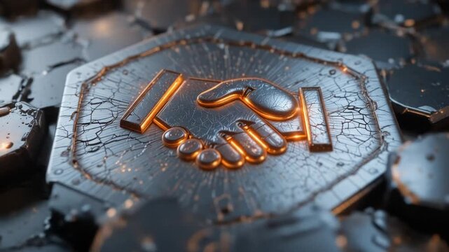 Handshake icon concept engraved on a metal hexagonal base background. Partnership logo glowing on an abstract digital surface. 4k video