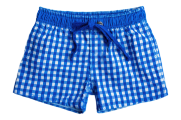 Blue gingham swim trunks for summer beach activities and pool fun