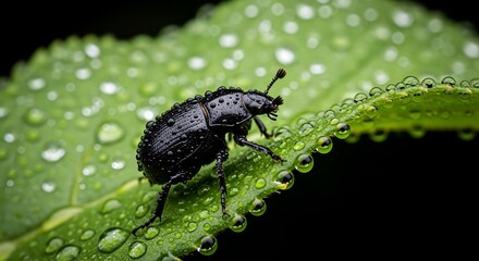 Naklejka premium Black beetle with dew drops on green leaf, serene morning