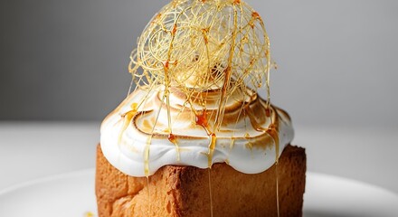 Decadent dessert with spun sugar and torched meringue