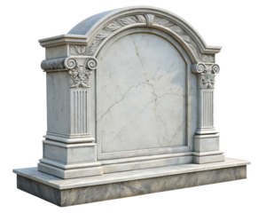 A detailed view of a white marble headstone with ornate carvings against a black background