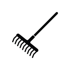 Black silhouette of a garden rake on a white background