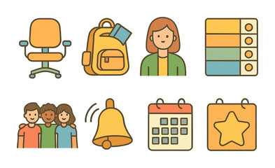 School Support Icons. Flat vector mini-illustrations School support systems in colors children's illustrations