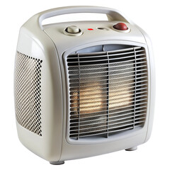 Portable electric heater for personal room comfort, providing efficient warmth during cold weather, a compact and modern home appliance, isolated on white background