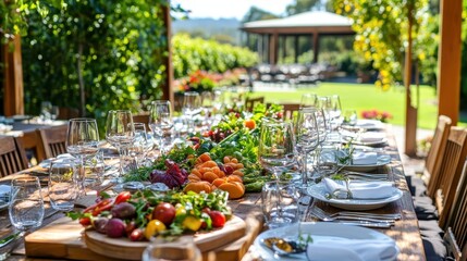 Fototapeta premium Elegant Outdoor Dining Setup with Fresh Produce and Tableware