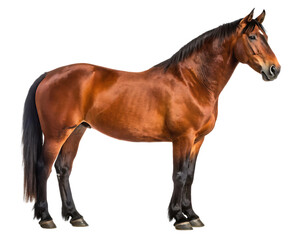 Fototapeta premium A full body shot of a brown horse standing with a black mane and tail on a transparent background