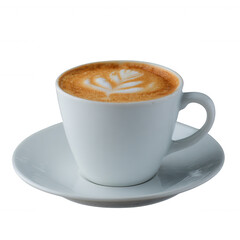 Fototapeta premium A beautifully crafted latte in a white cup, showcasing intricate latte art on top. Perfect for coffee lovers seeking a moment of relaxation and indulgence.