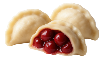 Pair of chicken and cilantro dumplings on a glossy white saucer.