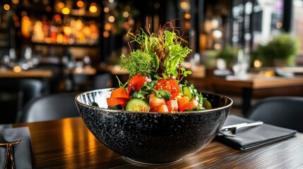 Fresh and Colorful Salad Bowl in Modern Restaurant Setting