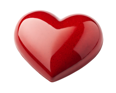 A single shiny red heart shaped object against a black background with visible reflections