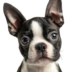 Cute Boston Terrier puppy with expressive blue eyes posing against a white background