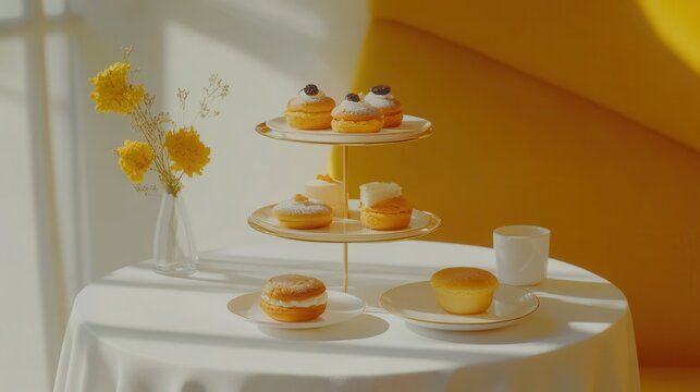Elegant Pastry Display with Bright Yellow Background and Flowers