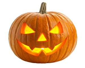 A single jack o lantern with a carved face and glowing light on a black background for halloween season