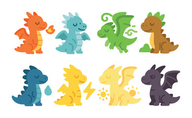 Fototapeta premium Elemental Dragon Icons. Flat vector mini-illustrations elemental dragons in colors children's illustrations: