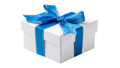White gift box with blue ribbon and bow isolated on transparent background