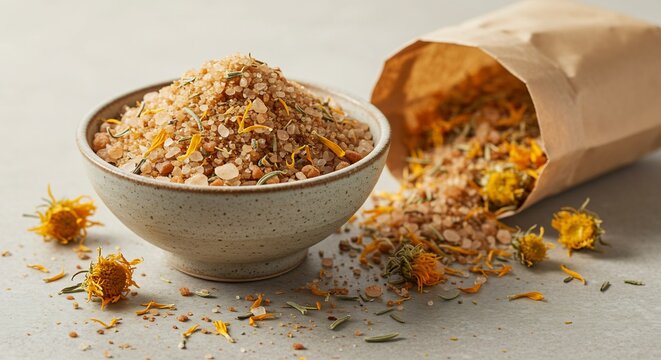 Granular mixture in bowl and bag plus scattered botanicals on gray surface