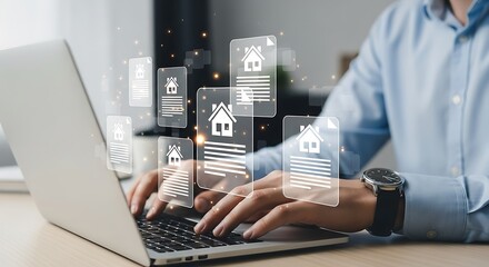 A man is working on a laptop, searching for a new house to buy or rent, checking documents, and comparing real estate properties online for investment and planning