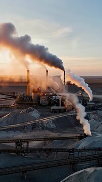 Smoke billows from the chimneys of a potash mining facility during a vibrant sunset