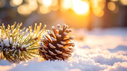 Winter sunset pine cone snow - Powered by Adobe