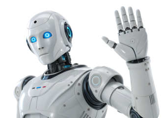 A white humanoid robot with glowing blue eyes raising its hand in a gesture on a black background