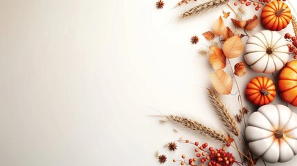 Obraz premium Elegance of Fall: A minimalist composition of pumpkins, leaves, wheat, and berries
