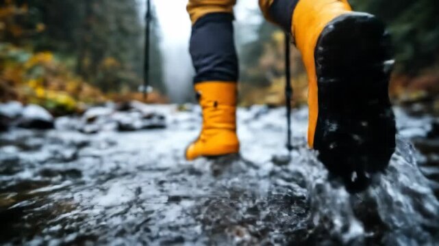 Hiking boots in a mountain stream