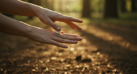 Hands rub lotion in sunlit woods with bokeh soft light