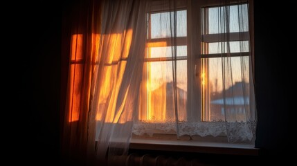 Warm sunset light through lace curtains, illuminating a dark room. Winter scene visible outside window.