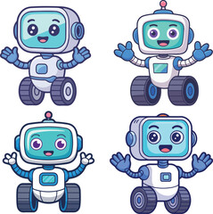 Cute robot characters with different designs and expressions, suitable for children's content