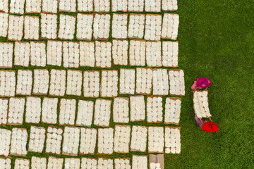 Bogura, Bangladesh - 16 May 2020: Aerial view of neatly arranged, sun-dried food contrasting against the vibrant green grass, with a person in pink and red adding a splash of color.