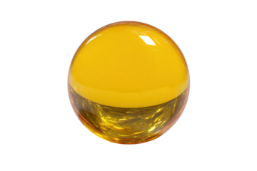 Bright yellow spherical object sitting on a clean white surface with a smooth reflective finish
