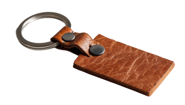 Brown leather keychain with metal ring isolated on transparent background